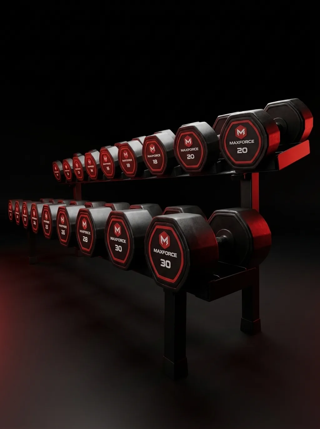 Rack de dois andares com dumbbells MAXFORCE em estúdio escuro