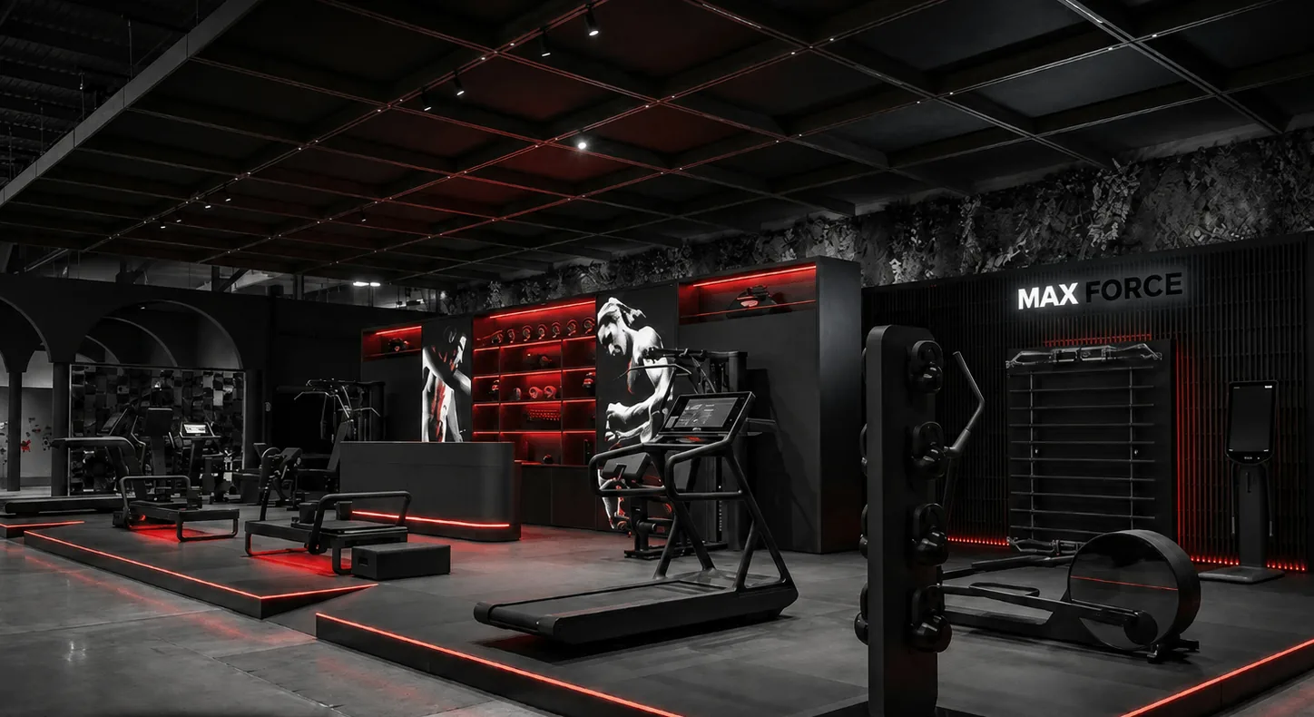 Showroom escuro da Max Force com esteiras, torres de treino e a marca MAX FORCE iluminada na parede